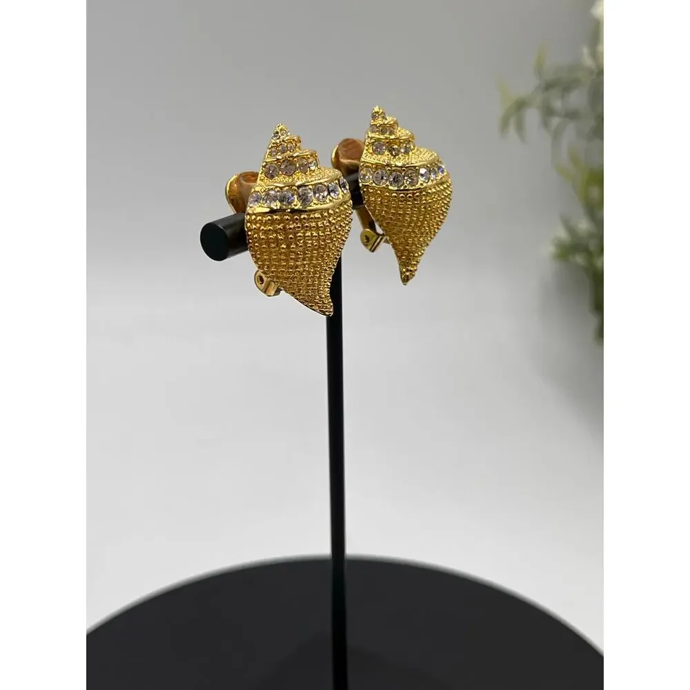 Kenneth Jay Lane KJL Vintage‎ Gold Crystal Seashell Crystal Clip On Earrings - Picture 4 of 9